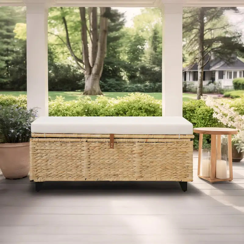 Banc de rangement en osier avec coussin pour chambre, salon ou véranda - 18.5 H X 43.3 W X 18.5 P
