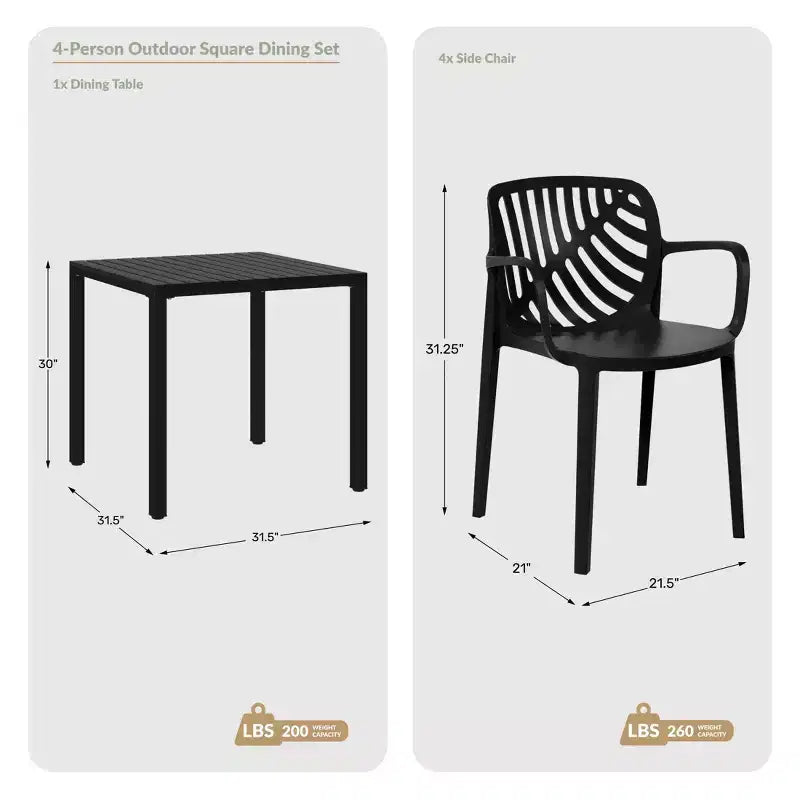 Ensemble de patio WestinTrends Playa de 5 pièces avec table carrée de repas d’extérieur et chaises empilables