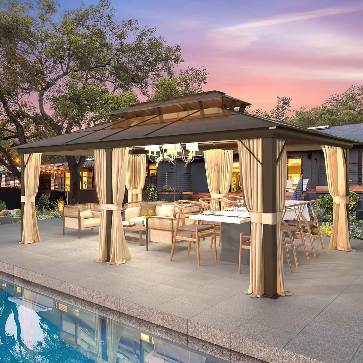 Gazebo EROMMY con tetto rigido, pergola da esterno con doppio tetto, rete e tende, copertura robusta per patio, giardino e feste in piscina