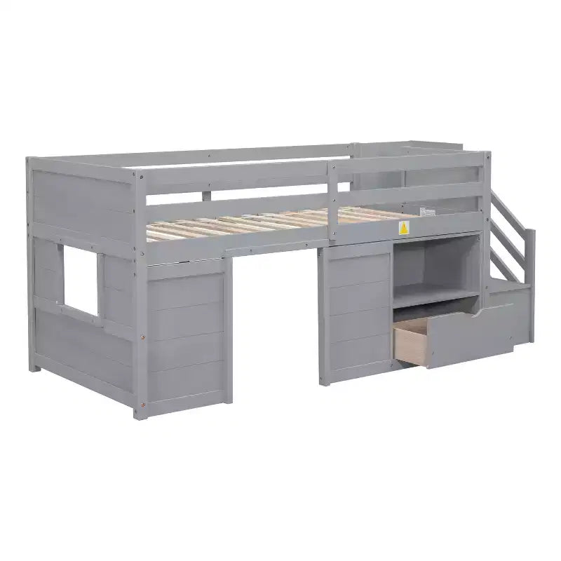 Lit mezzanine bas en bois massif, format simple, 94.6L x 42.3W, avec escalier, tiroir et étagère, design moderne et épuré
