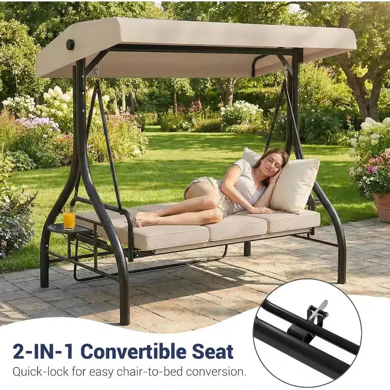 Sedia a dondolo da esterno trasformabile 2 in 1 a 3 posti con tettuccio regolabile, letto a dondolo da patio con struttura, cuscini spessi e portabicchieri, per cortile, giardino e veranda
