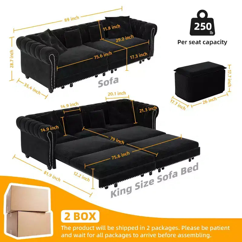 Canapé-lit convertible 3-en-1 Whisen en velours, format king size, avec pouf mobile, design capitonné