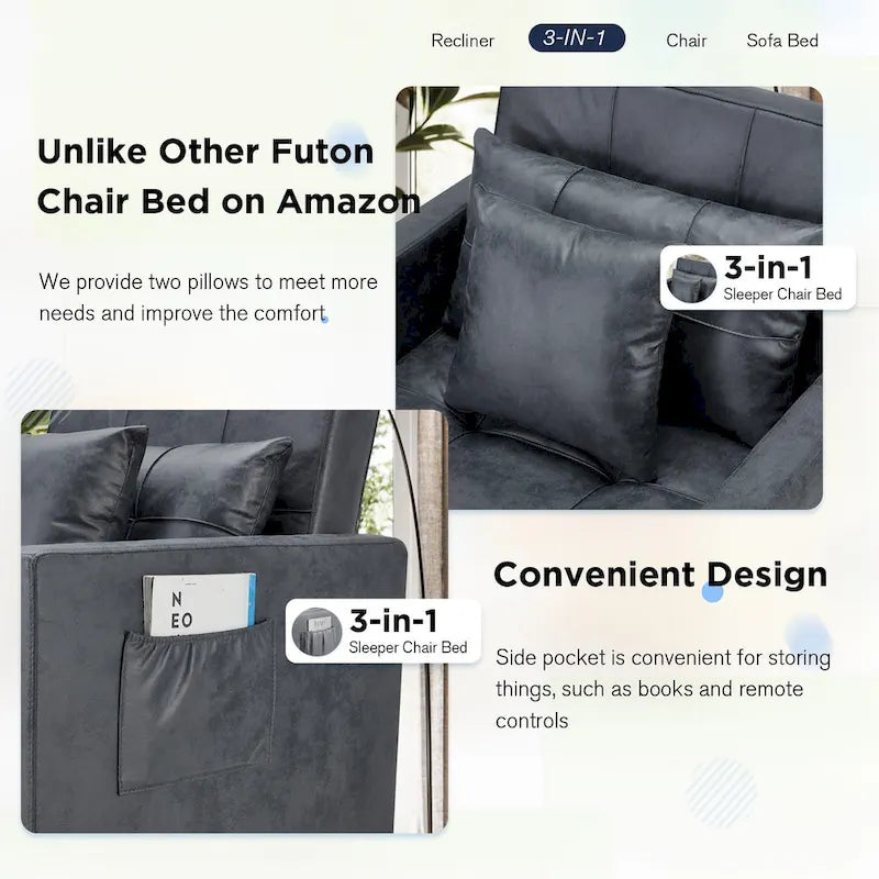 Fauteuil-lit réglable convertible 3-en-1, plusieurs couleurs, pour 1 personne