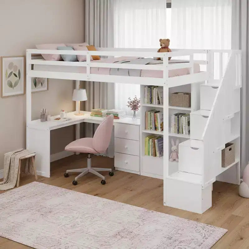 Hoogslaper voor een eenpersoonsmatras met L-vormig bureau, 3 laden, kast, opbergruimte in de trap, gemaakt van massief grenenhout/MDF