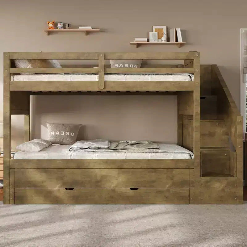 Struttura letto a castello singolo Whisen XL con letto estraibile, letto a castello con contenitore, legno massello, scala contenitore, armadio, 3 cassetti, per bambini