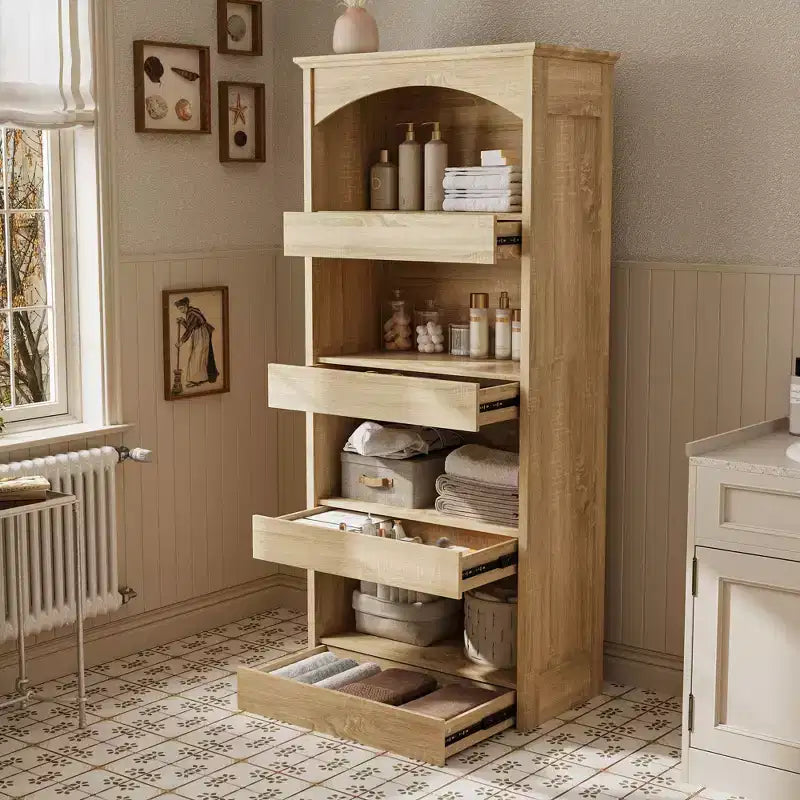 Mobile contenitore da bagno in legno con ripiani e cassetto organizer per articoli da toilette