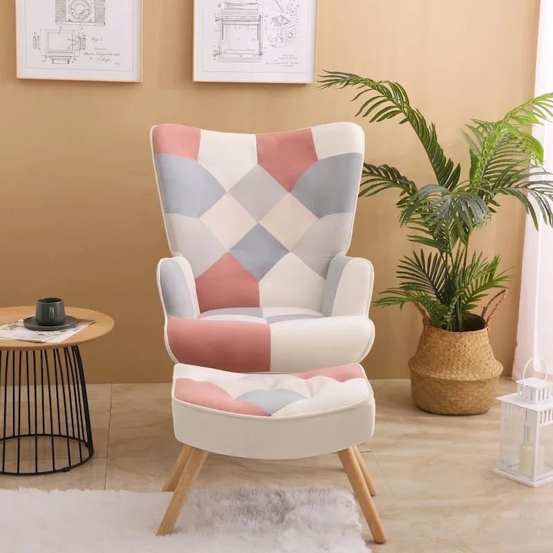 Akzentstuhl mit Hocker, Wohnzimmer-Stuhl- und Hocker-Set, bequemer Beistellsessel für das Schlafzimmer, kreativ zusammengesetzter Stoffbezug