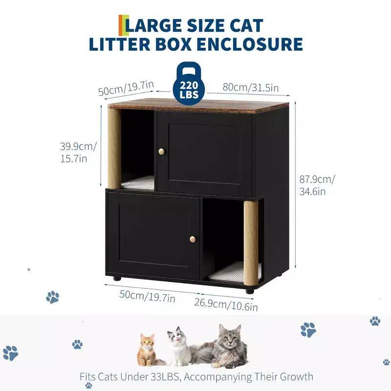 Katzentoiletten-Schrank mit zwei Bereichen, verstecktes geschlossenes Möbelstück für Katzentoiletten mit Kratzsäulen und doppellagigen Katzenstreumatten, Haustierhaus für den Innenbereich