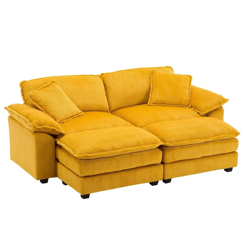 Modernes 2-Sitzer-Cordsofa mit 4 Stützkissen und 2 Hockern