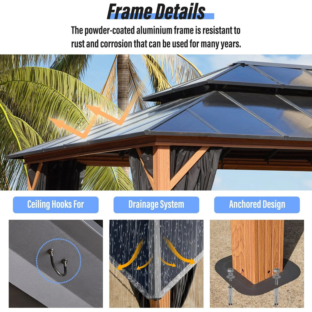 Gazebo EROMMY con tetto rigido, pergola da esterno con doppio tetto, rete e tende, copertura robusta per patio, giardino e feste in piscina