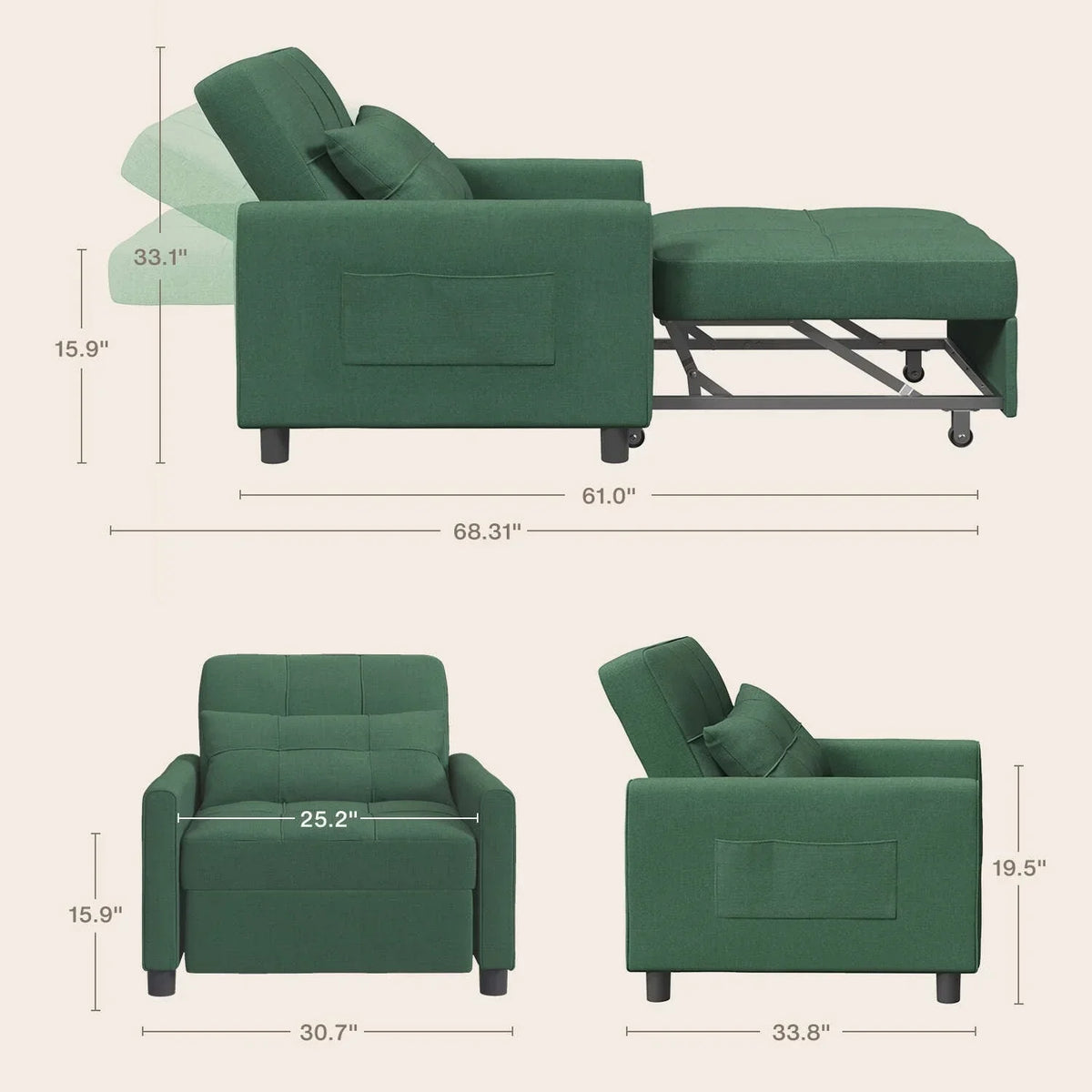 Divano letto trasformabile 3 in 1 con schienale regolabile, poltrona-divano estraibile, letto pieghevole convertibile per soggiorno