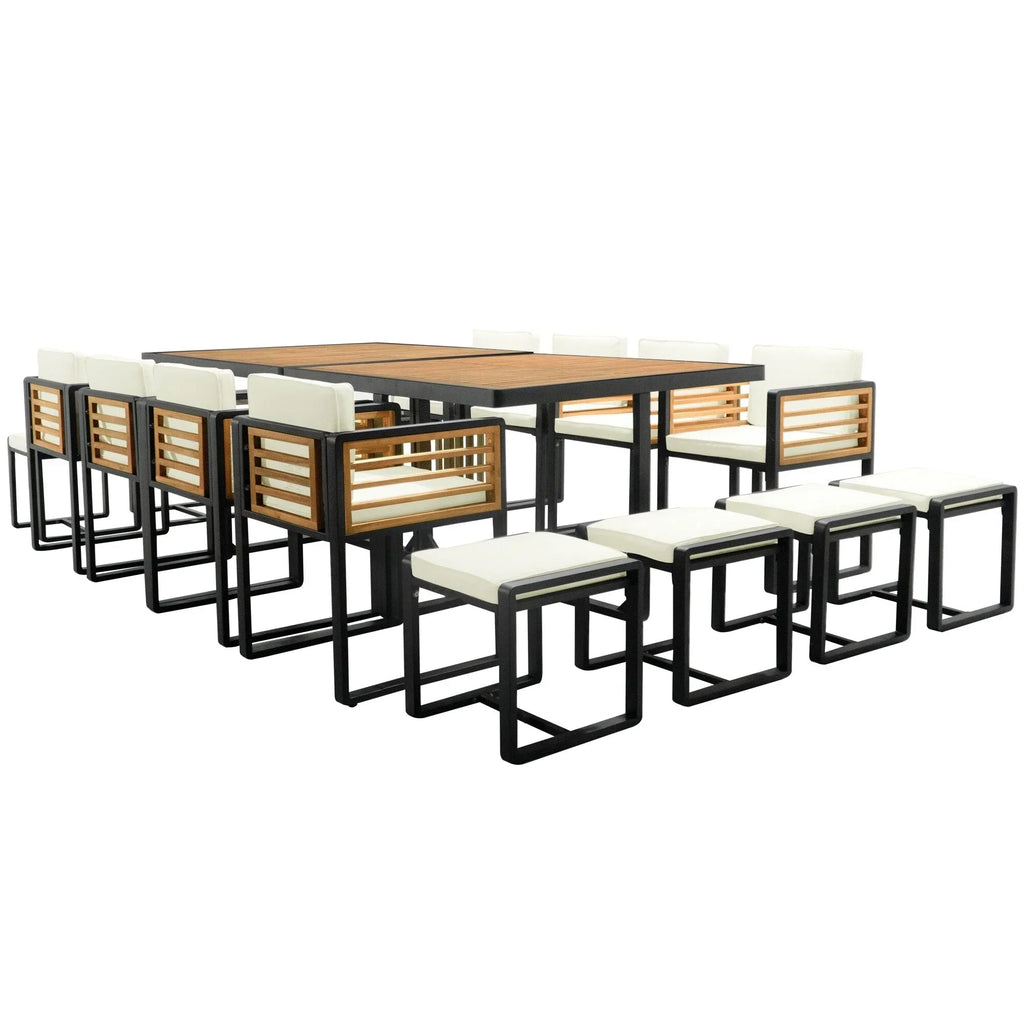 Eetset voor op het terras van acaciahout, 18-delig, met 8 stoelen met kussens, 8 ottomanen en 2 vierkante tafels