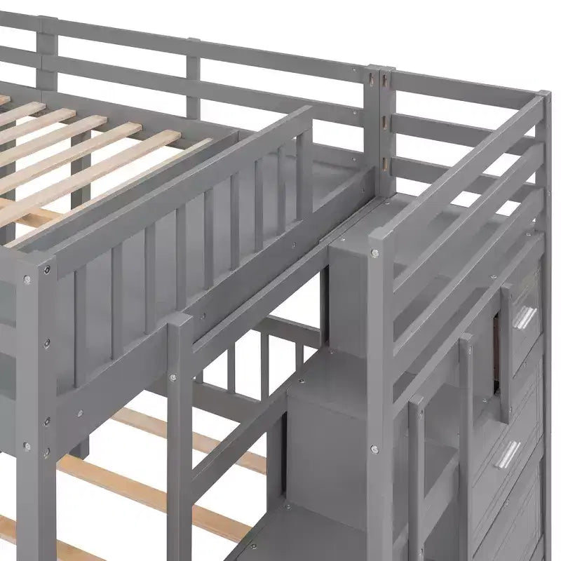 Lit superposé Whisen avec lit double au-dessus de deux lits simples, en bois, avec tiroirs et barrières de sécurité