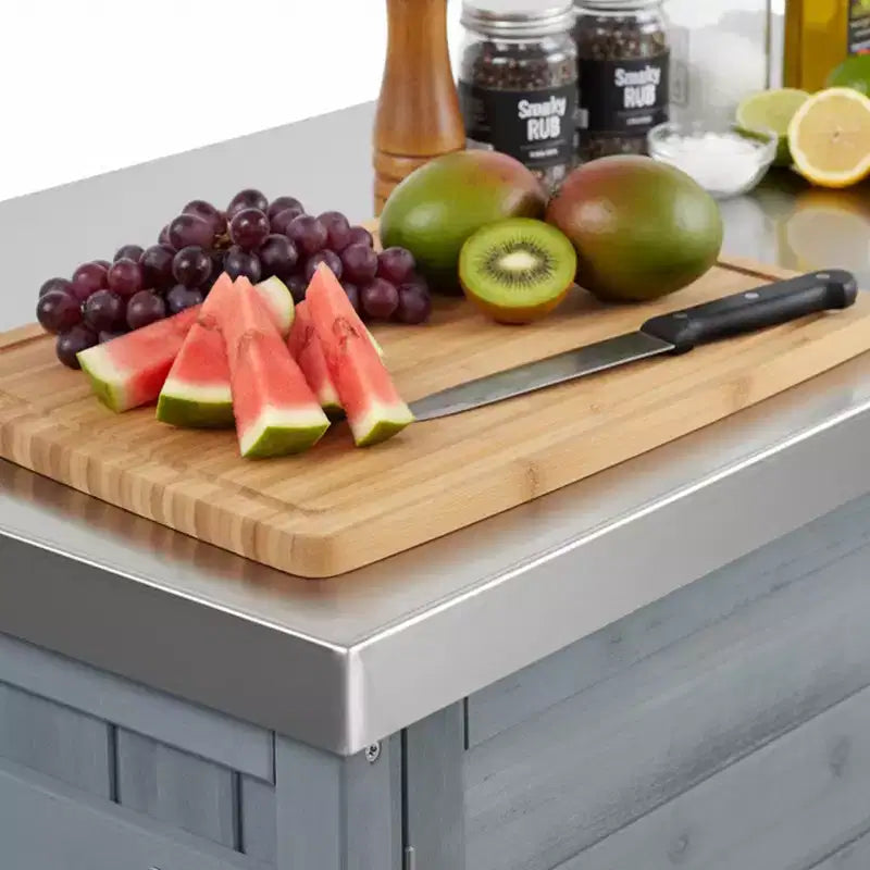 Îlot de cuisine d’extérieur FAMYYT de 78.3 pouces avec plan de travail en acier inoxydable, station de barbecue pliable et placards de rangement, bleu-gris