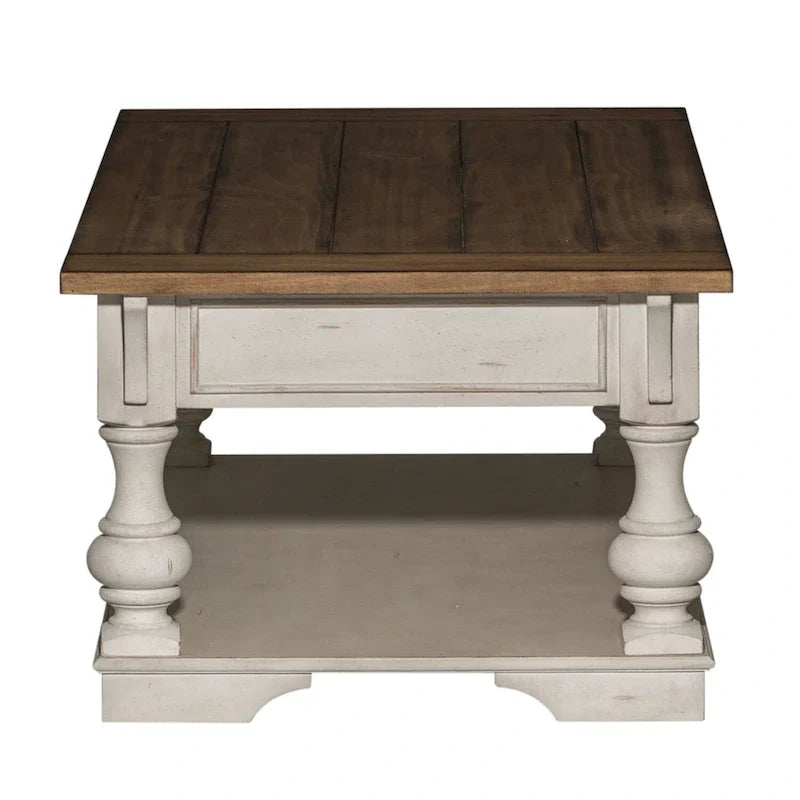 Table basse cocktail Morgan Creek blanc antique, accents brossés à fil ouvert couleur tabac