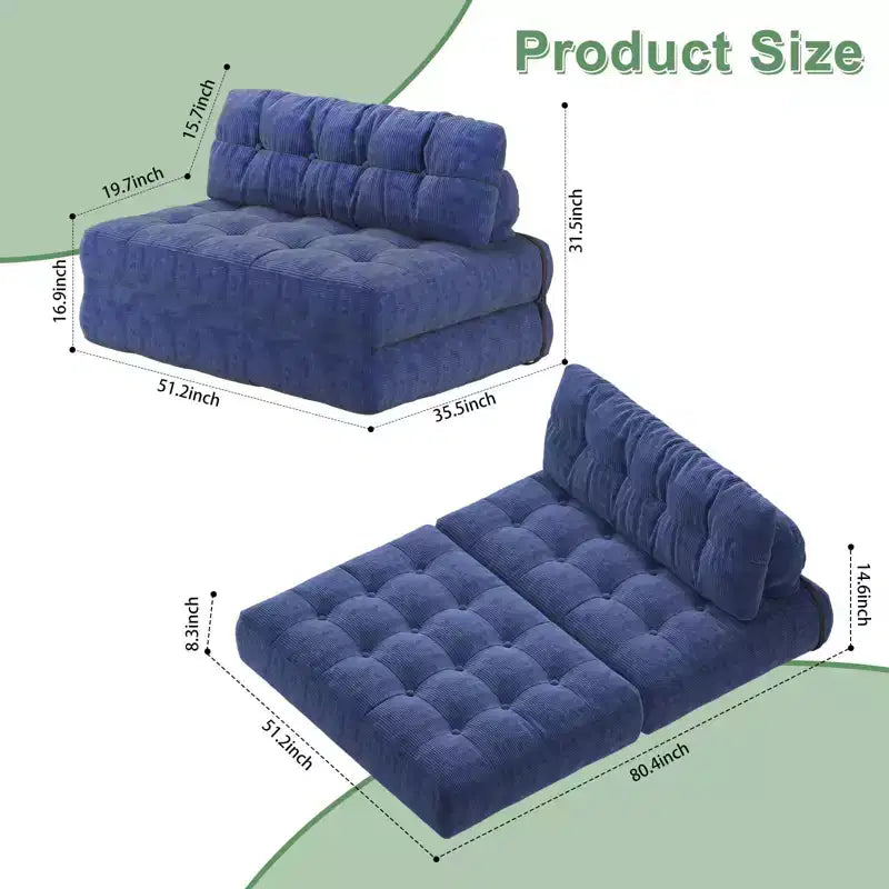 Futon pliant convertible en lit, format deux places, en velours côtelé, fauteuil-lit de sol avec coussin et soutien dorsal
