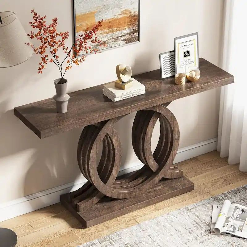 Table console vintage en bois pour couloir, avec piètement géométrique