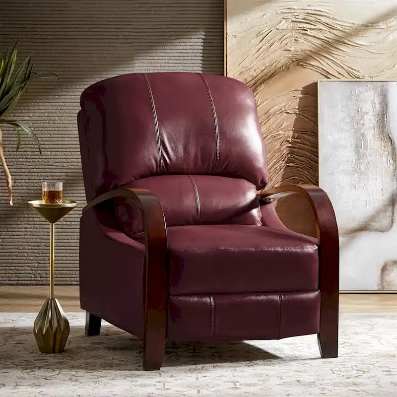 Alex handmatige relaxfauteuil van echt sigarenkleurig leer in mid-century moderne stijl, met gebogen houten armleuningen