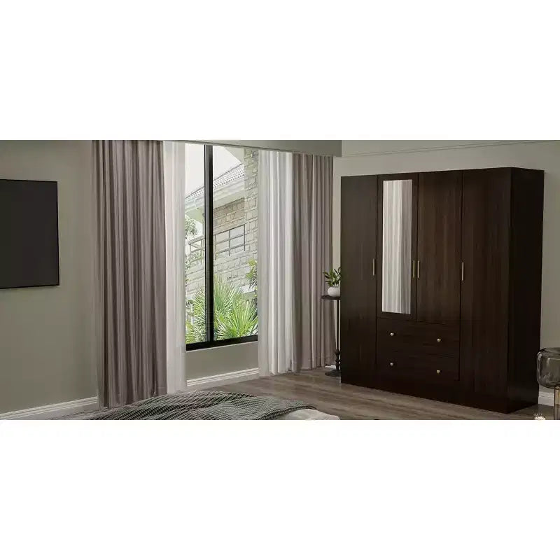 Armoire Hitow avec 2 grands tiroirs, espace central pour suspendre les vêtements et miroir, style minimaliste