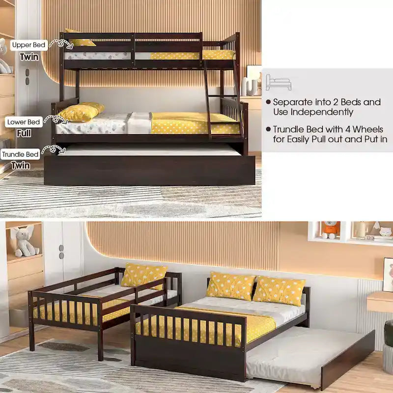 Lit superposé Gymax, couchage haut 1 place et couchage bas 2 places, avec lit gigogne 1 place et plateforme convertible