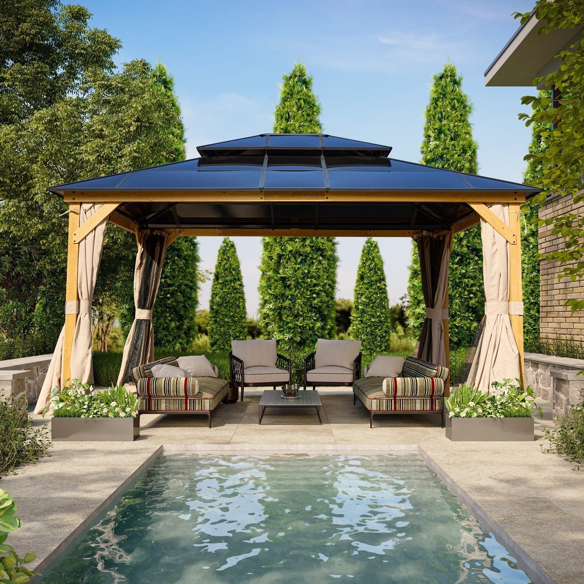 Gazebo EROMMY con tetto rigido, pergola da esterno con doppio tetto, rete e tende, copertura robusta per patio, giardino e feste in piscina