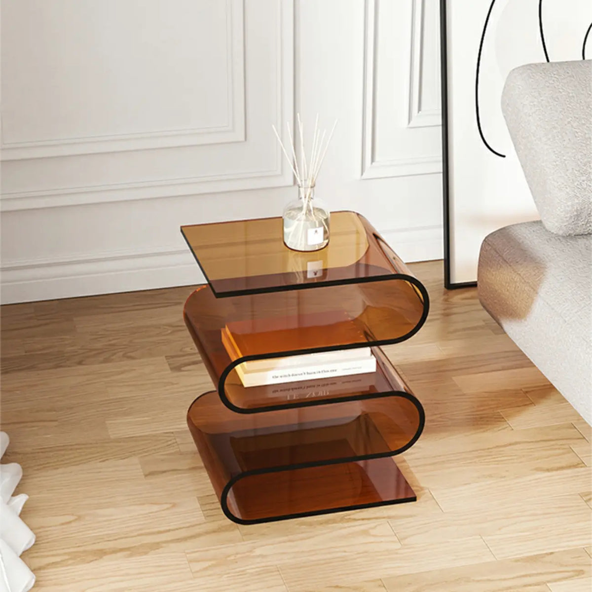 Table d’appoint contemporaine en acrylique en forme de S avec rangement