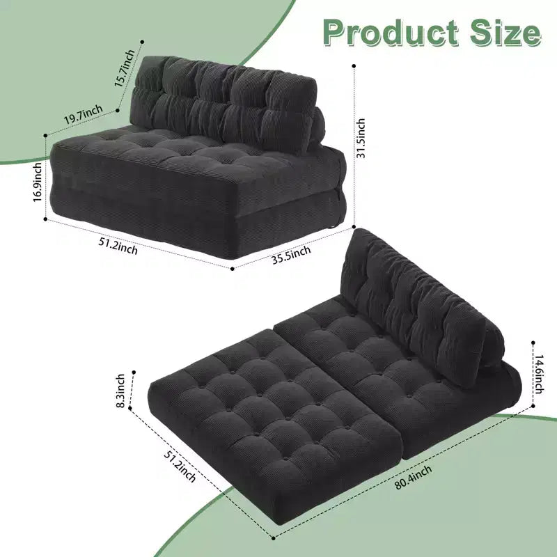 Futon pliant convertible en lit, format deux places, en velours côtelé, fauteuil-lit de sol avec coussin et soutien dorsal