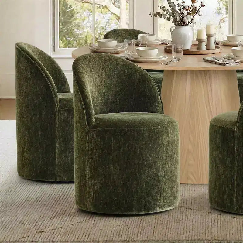 Moderne eethoek voor 6 personen, ronde eettafel met centrale voet, draaibare kuipstoelen op wieltjes, chenillestof met structuur - Panipeachy