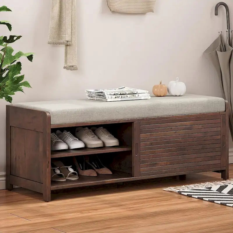 Banc de rangement en bois massif de 43.30 pouces avec persiennes vieillies contemporaines