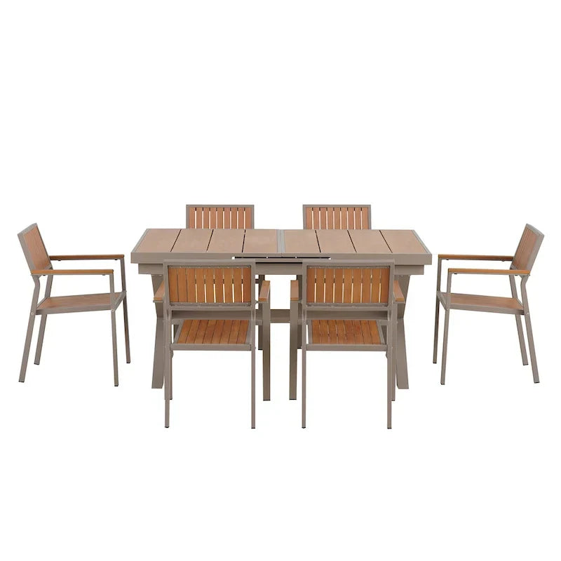 7-teiliges ausziehbares Outdoor-Essset mit ausziehbarem Tisch und 6 Armlehnstühlen