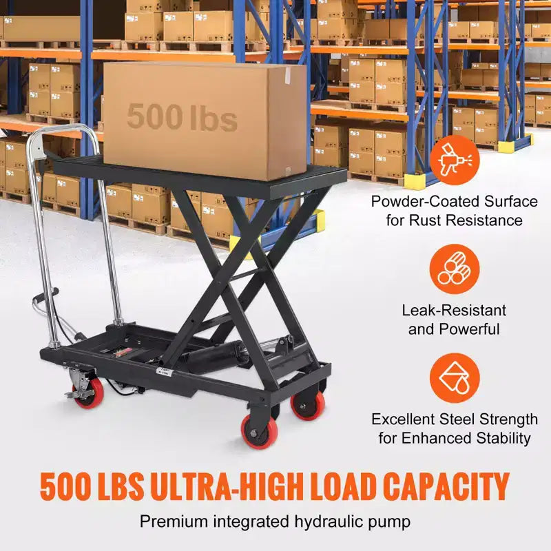 Hydraulic Lift Table Cart, 500lbs Capacity 28.5'' Lifting Height, Manual Single Scissor Lift Table with 4 Wheels and Non-slip Pad