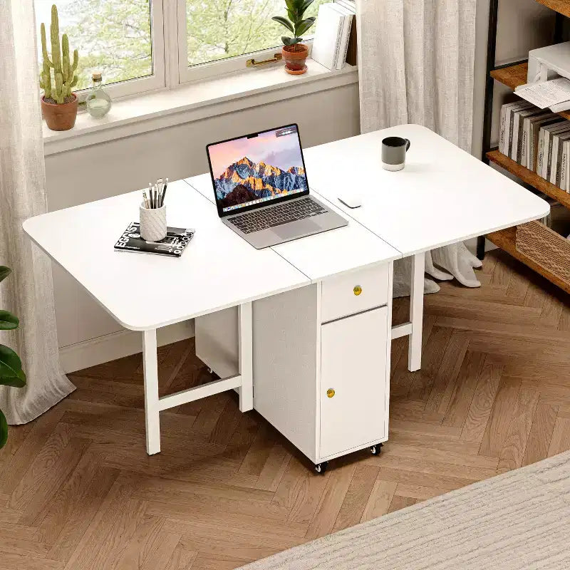 ATJafurn 59' inklapbare eettafel met uitklapbare bladen voor kleine ruimtes, rechthoekige uitschuifbare houten keukentafel met wielen en opbergruimte
