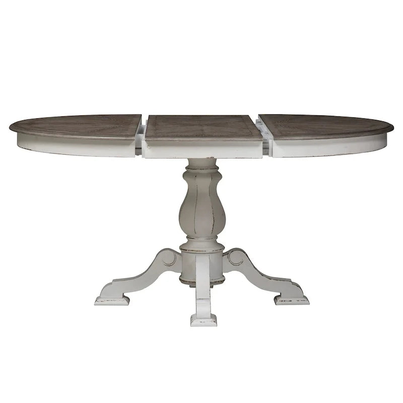 Tavolo da pranzo rotondo Magnolia Manor con base a colonna e prolunghe - 2 finiture