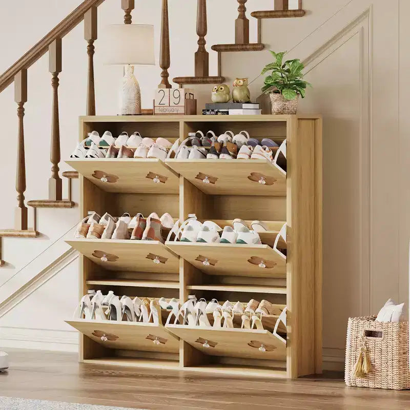 Meuble à chaussures en bois avec 6 tiroirs basculants, étagères réglables, motif floral, poignées en losange, rangement mince sur pied pour l’entrée