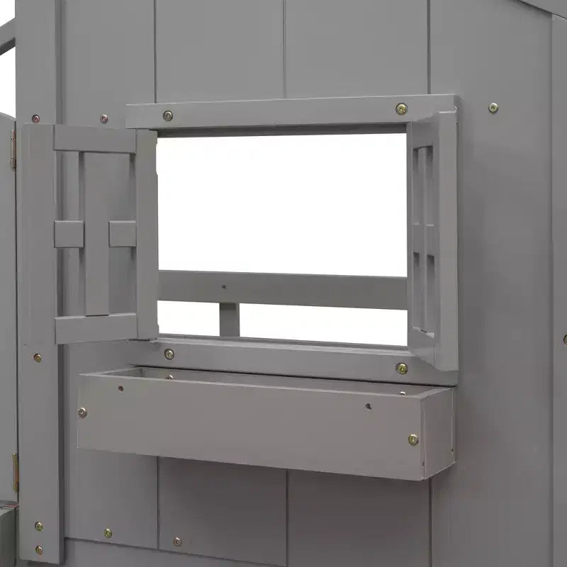 Letto a soppalco a forma di casetta per letto singolo, in legno, con scala e sponde di protezione per bambini
