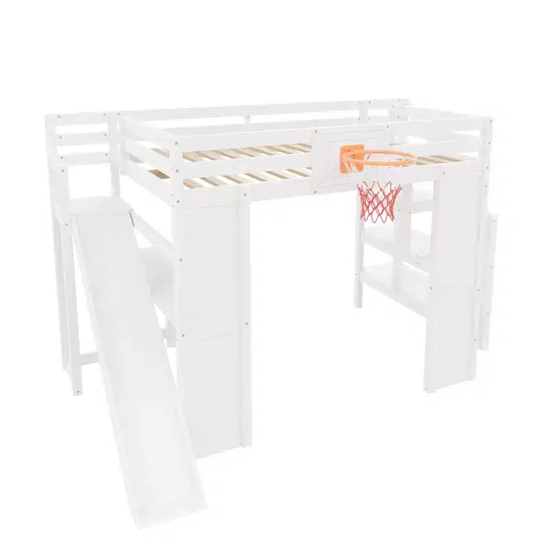 Lit mezzanine complet en bois Luxystar avec bureau, toboggan, panier de basket et escalier de rangement pour enfants et adolescents
