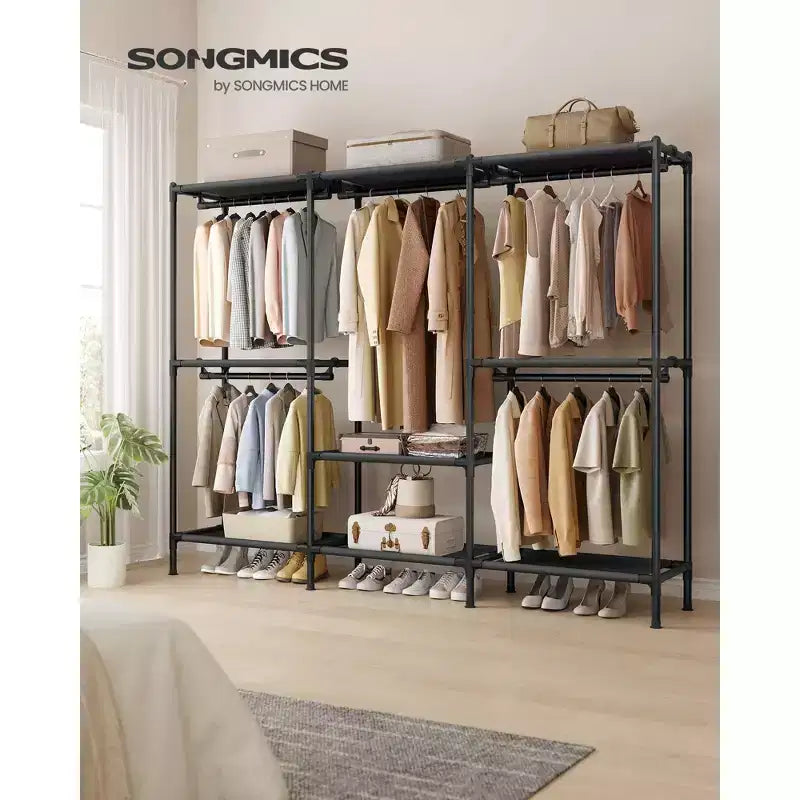 Portant à vêtements SONGMICS, organisateur de placard robuste avec tringles et étagères, charge totale de 297 lb, montage facile, noir d’encre