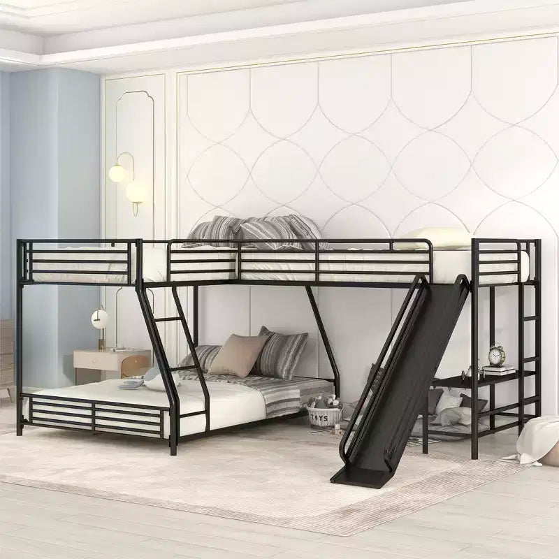 Metall-Etagenbett mit Einzelbett oben und Doppelbett unten, L-förmiges Etagenbett für 3 Kinder, robustes dreistöckiges Etagenbett mit Schreibtisch und Rutsche, Schwarz