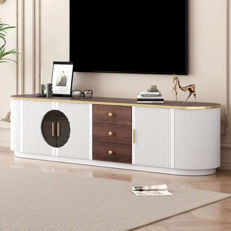 70,8 moderner, minimalistischer TV-Ständer für Fernseher bis zu 80 Zoll, Entertainment-Center mit 3 Schubladen, 1 Einlegeboden und Metallgriffen