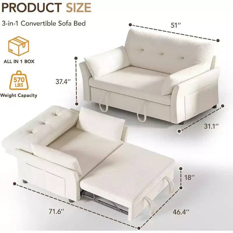 Divano letto trasformabile Dyonery 3-in-1, divano letto estraibile con tasca laterale e schienale regolabile, montaggio senza attrezzi, divanetto pieghevole