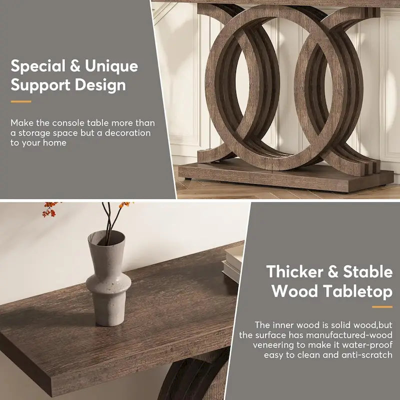 Table console vintage en bois pour couloir, avec piètement géométrique