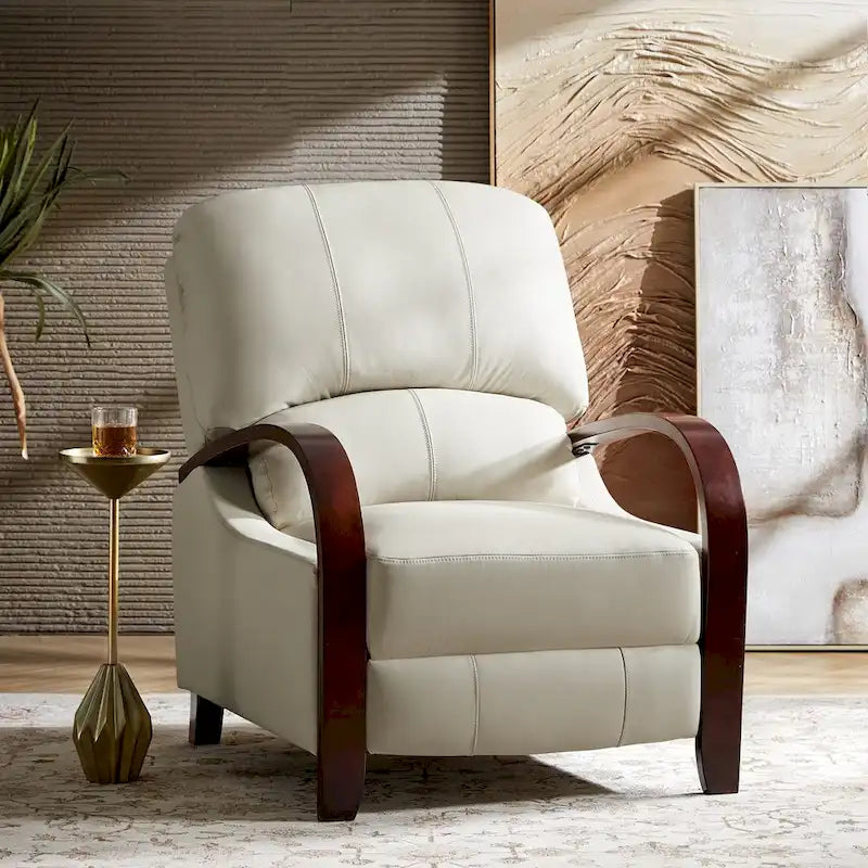 Alex handmatige relaxfauteuil van echt sigarenkleurig leer in mid-century moderne stijl, met gebogen houten armleuningen