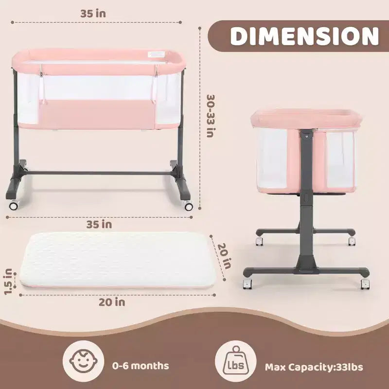 Berceau pour bébé à roulettes ??Beige / Gris / Rose, lit cododo, pour 1 bébé