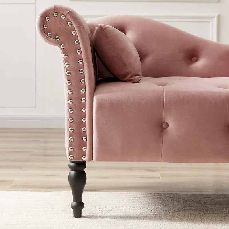 Moderne Chaiselongue, 60.6, mit Samtbezug, Knopfheftung, Beinen aus Massivholz und Ziernägeln