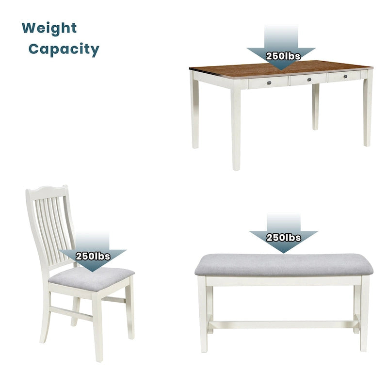 Ensemble de salle à manger en bois de 6 pièces avec 4 chaises et un banc, table avec tiroir