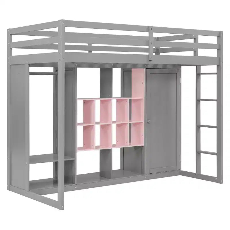 Kinder-Hochbett mit Kleiderschrank und Regalen, Holz-Hochbettrahmen mit Stauraumschrank für Kinder und Jugendliche