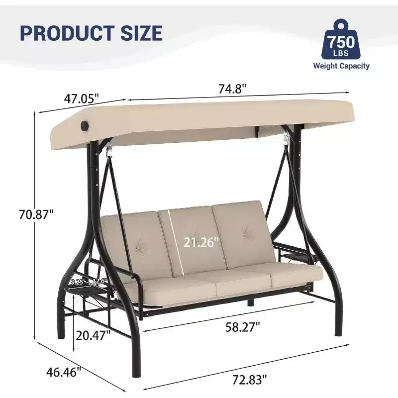 Sedia a dondolo da esterno trasformabile 2 in 1 a 3 posti con tettuccio regolabile, letto a dondolo da patio con struttura, cuscini spessi e portabicchieri, per cortile, giardino e veranda