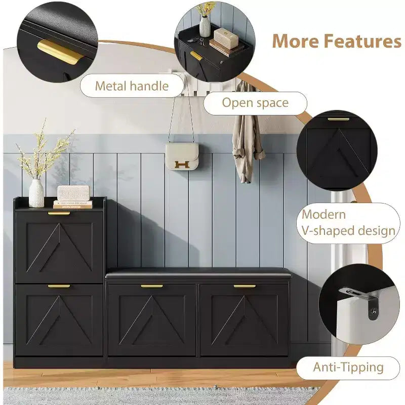 Meuble à chaussures avec banc et 4 tiroirs basculants - Rangement étroit pour entrée, pour 35-40 paires