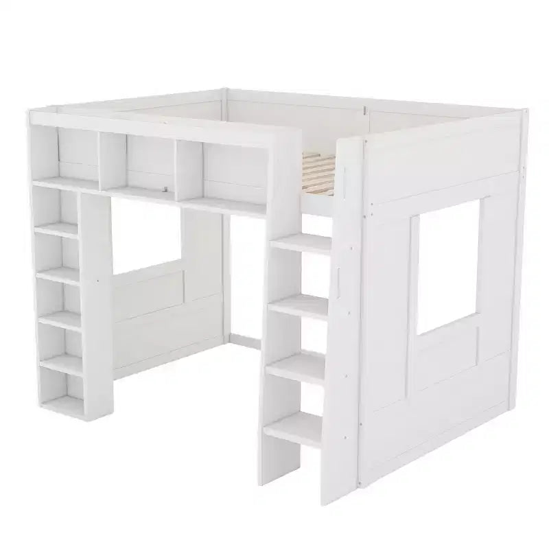 Struttura letto a soppalco in legno Whisen Queen Size con armadietti e ripiani contenitori