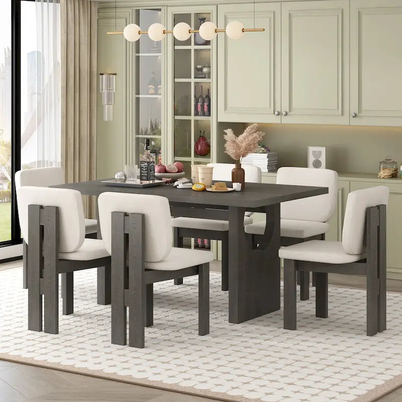 7-delige houten eetkamerset in overgangsstijl met rechthoekige tafel en 6 stoelen